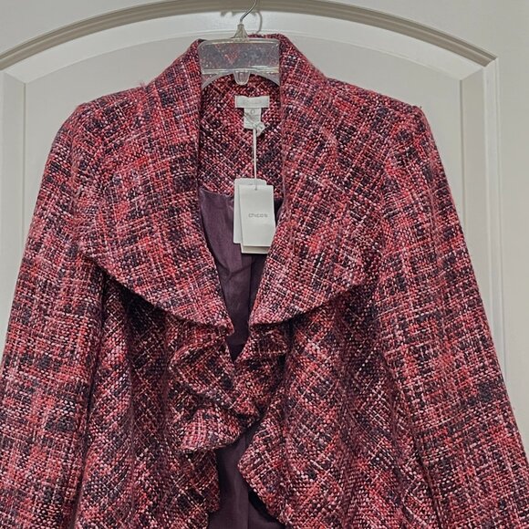 Chico's Blazer Jacket Pink Red Burgundy Tweed Ruffle Open Front NWT New! - Picture 2 of 6